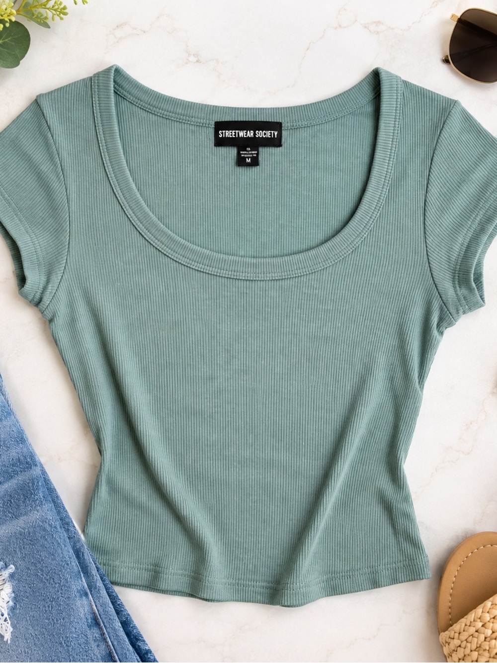 Streetwear Society Sage Green Ribbed Scoop Neck Crop Top Size M